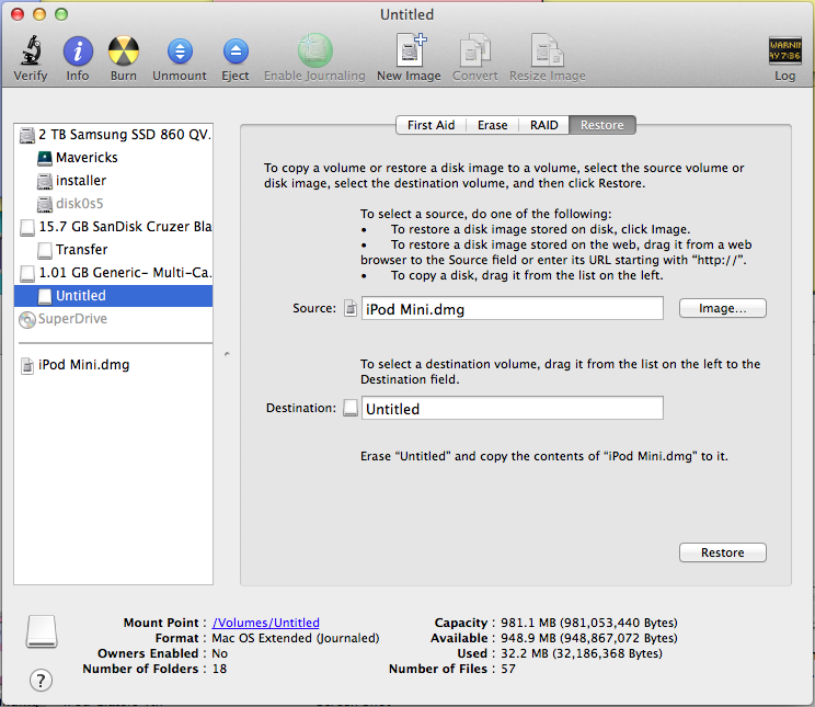 Restoring from an iPod disk image